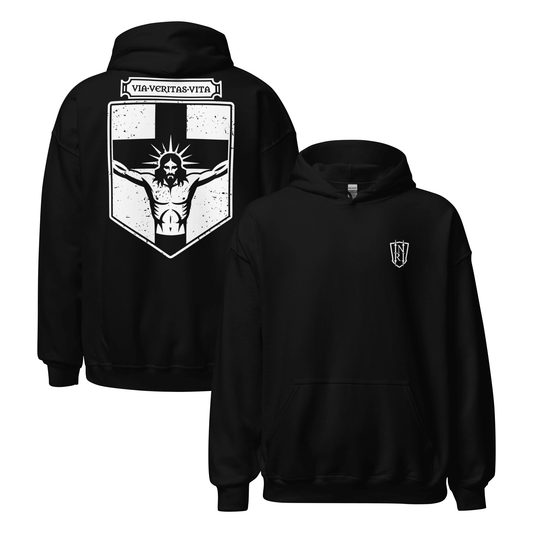 Via Veritas Vita, The Way Truth and Crucified Christ Icon Graphic Hoodie - Inken Image