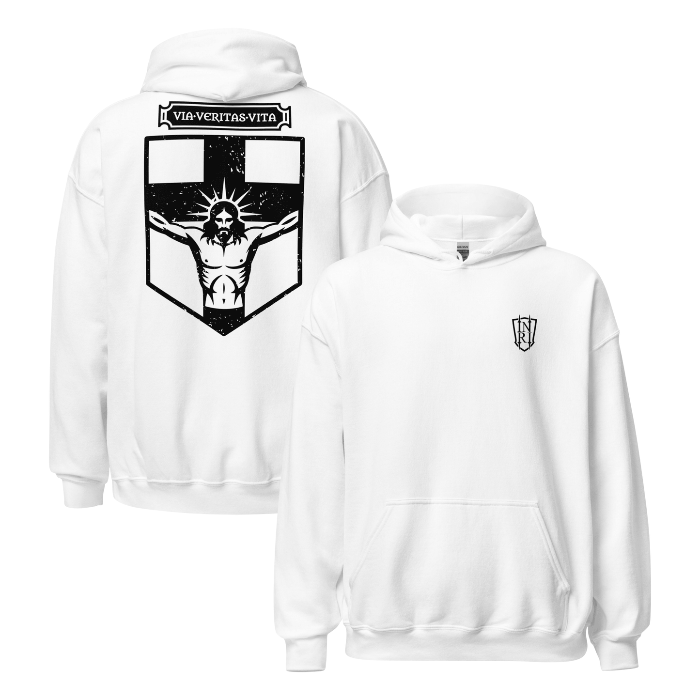 Via Veritas Vita, The Way Truth and Crucified Christ Icon Graphic Hoodie - Inken Image