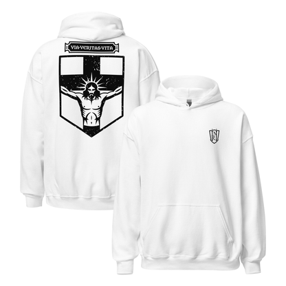 Via Veritas Vita, The Way Truth and Crucified Christ Icon Graphic Hoodie - Inken Image