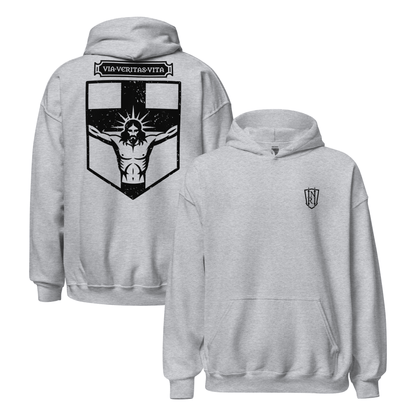 Via Veritas Vita, The Way Truth and Crucified Christ Icon Graphic Hoodie - Inken Image