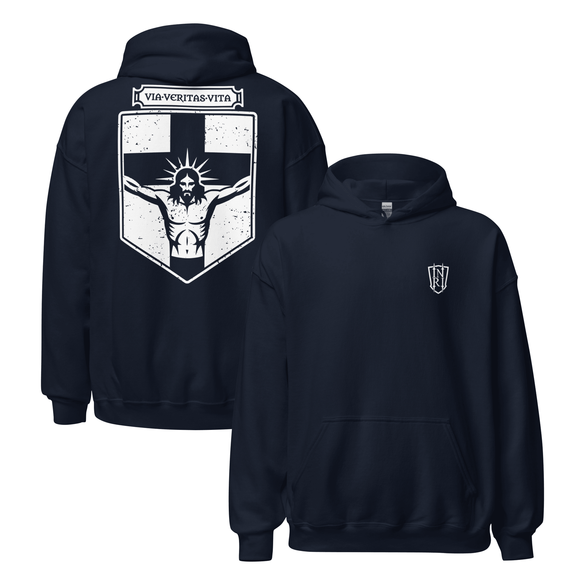 Via Veritas Vita, The Way Truth and Crucified Christ Icon Graphic Hoodie - Inken Image