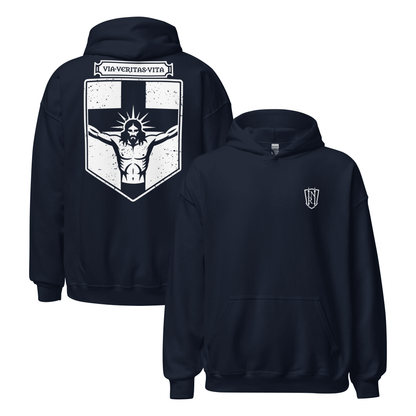 Via Veritas Vita, The Way Truth and Crucified Christ Icon Graphic Hoodie - Inken Image