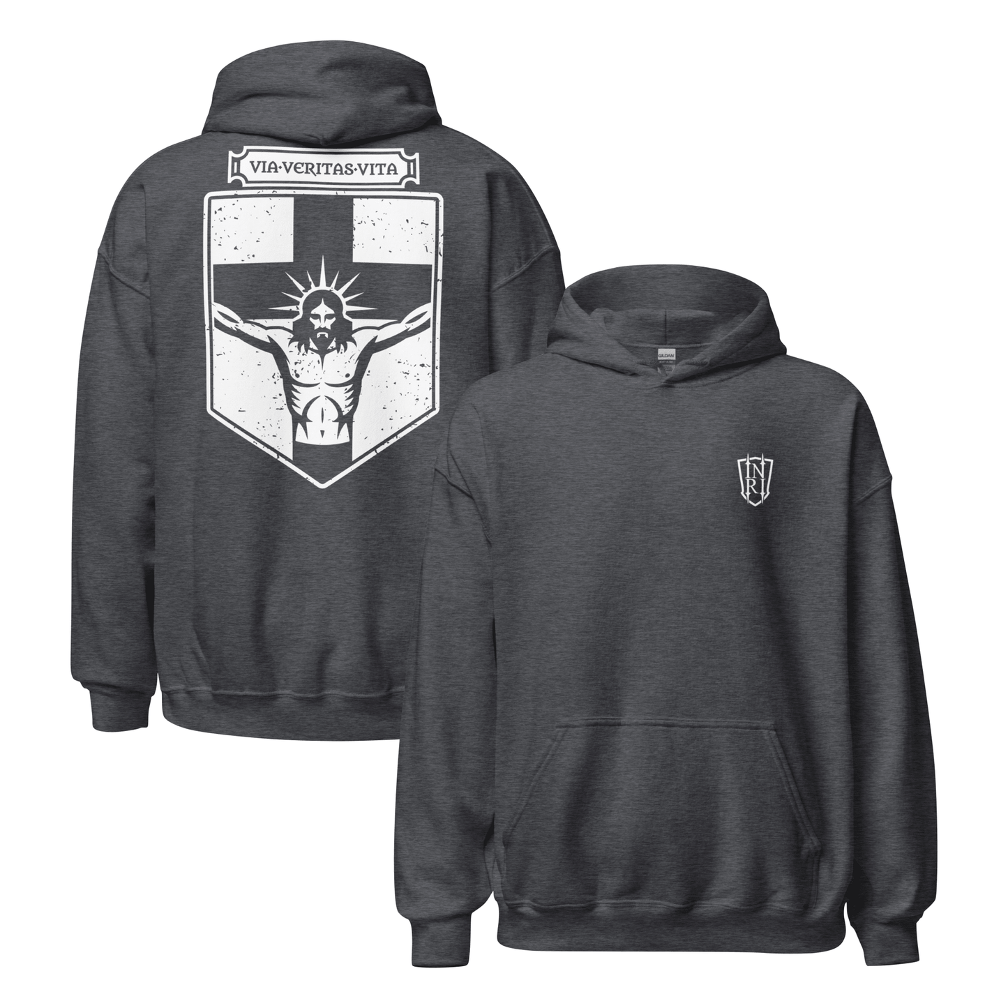 Via Veritas Vita, The Way Truth and Crucified Christ Icon Graphic Hoodie - Inken Image