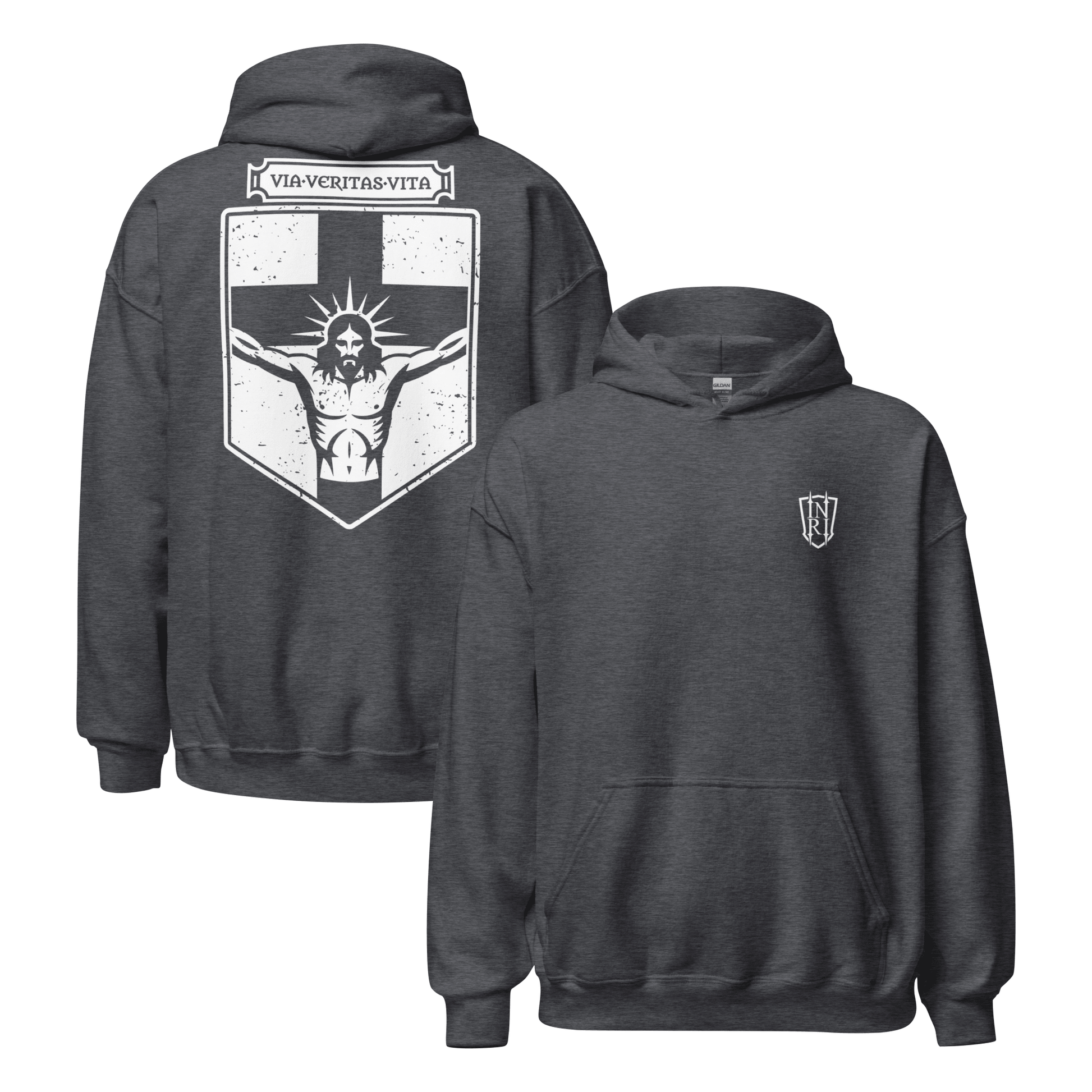 Via Veritas Vita, The Way Truth and Crucified Christ Icon Graphic Hoodie - Inken Image