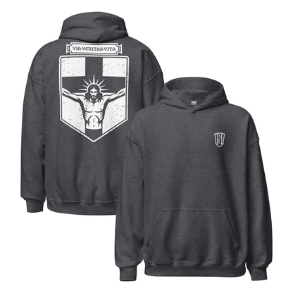 Via Veritas Vita, The Way Truth and Crucified Christ Icon Graphic Hoodie - Inken Image
