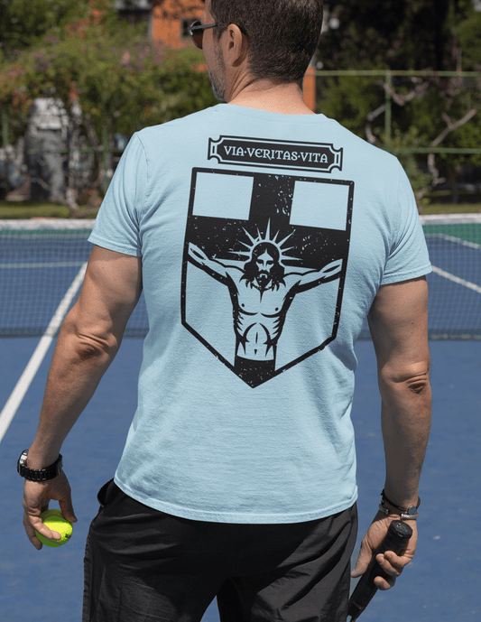 Via Veritas Vita, The Way Truth and Crucified Christ Icon Graphic T-Shirt - Inken Image