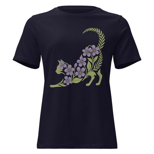 Violet & Fern Stretching Cat Silhouette Botanical T-Shirt - Inken Image