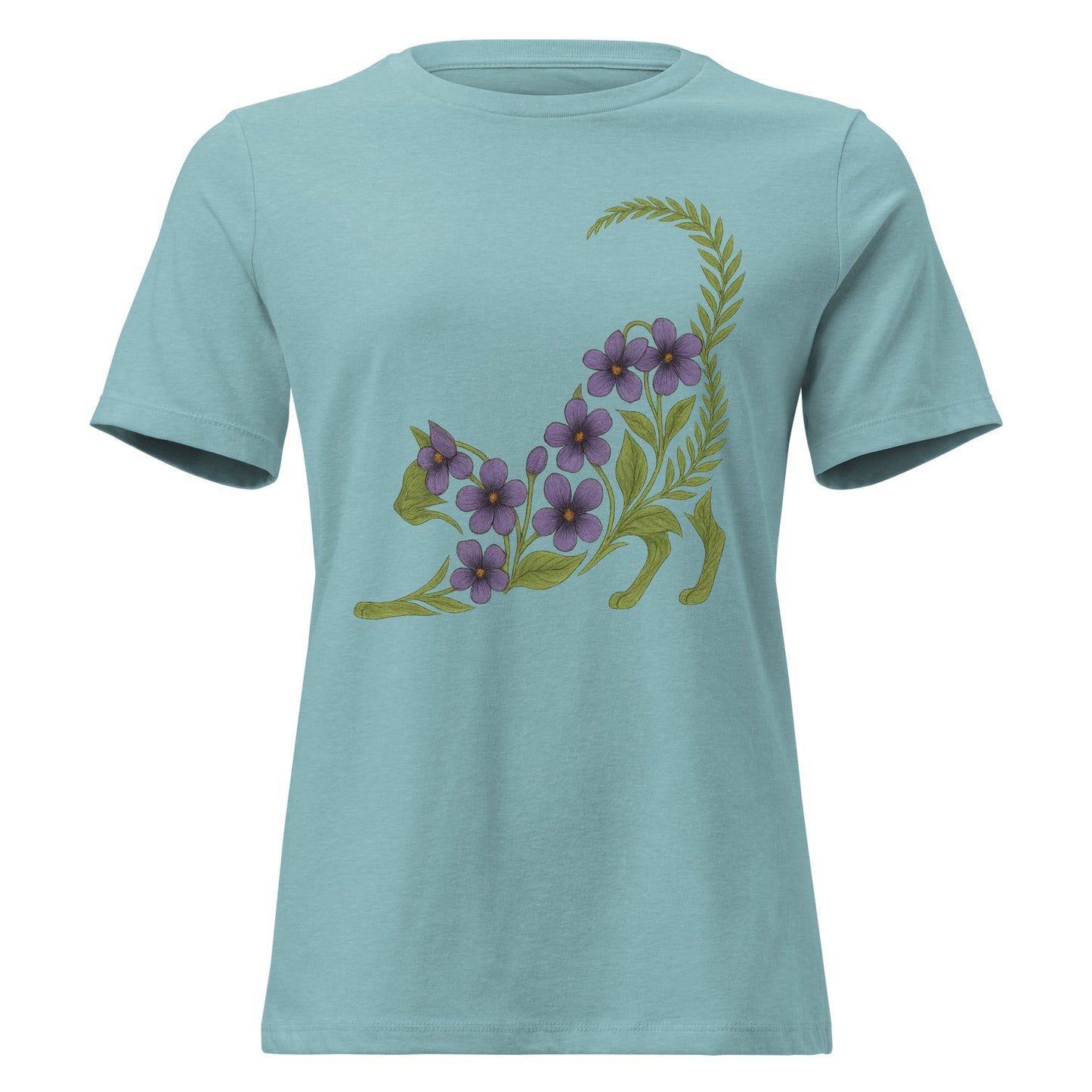 Violet & Fern Stretching Cat Silhouette Botanical T-Shirt - Inken Image