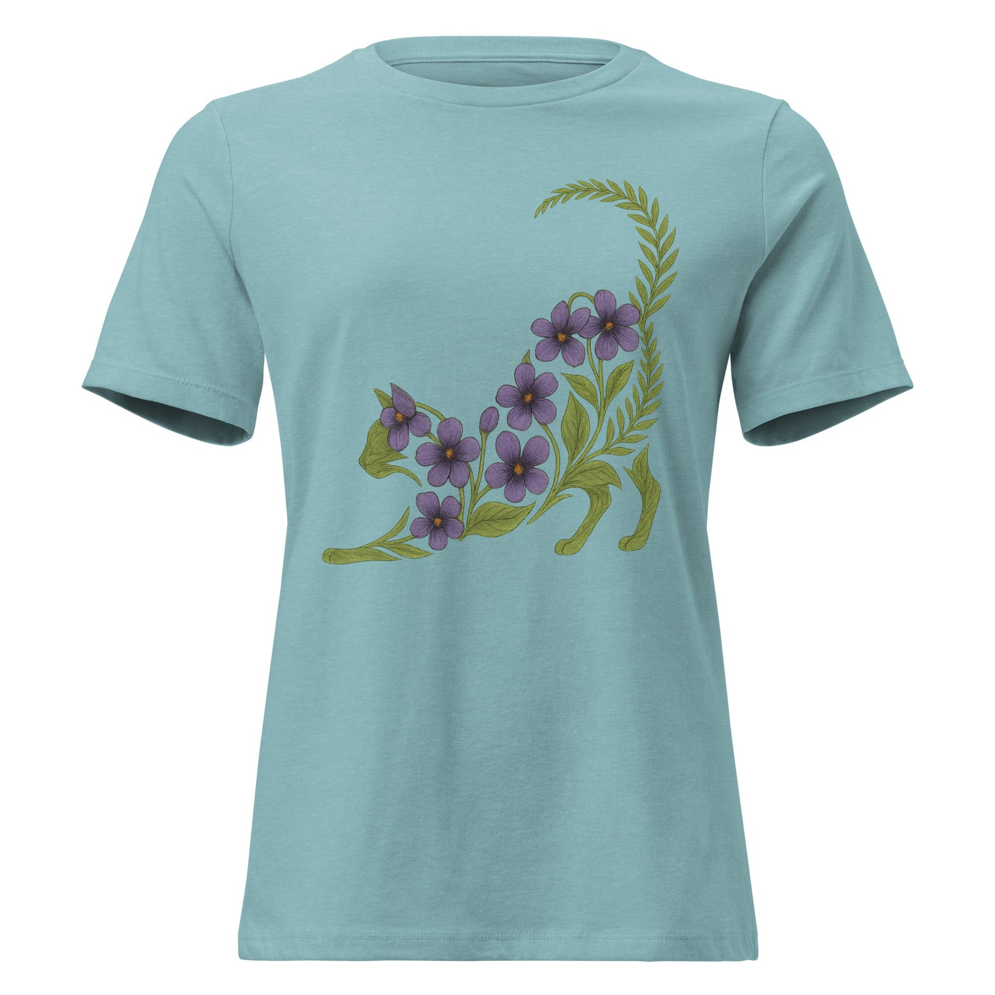 Violet & Fern Stretching Cat Silhouette Botanical T-Shirt - Inken Image
