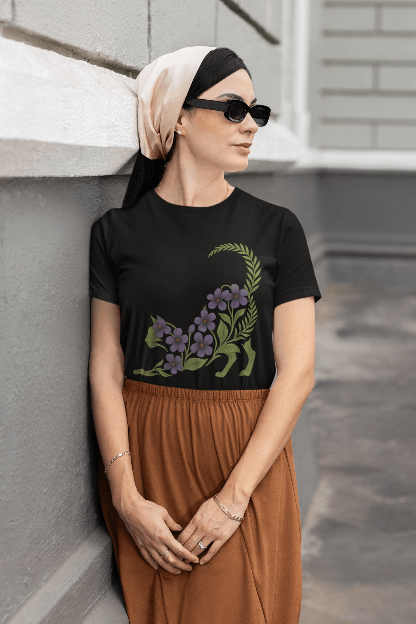 Violet & Fern Stretching Cat Silhouette Botanical T-Shirt - Inken Image