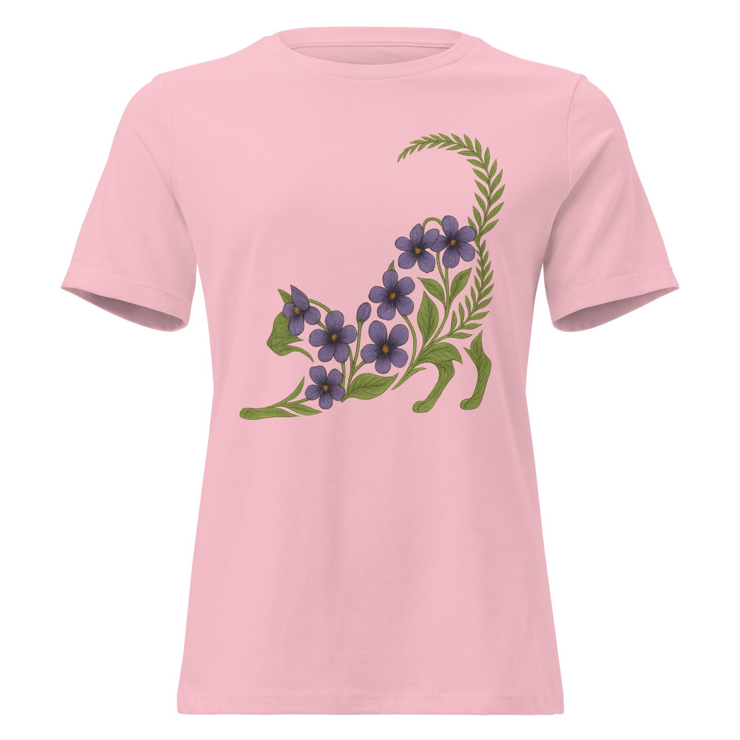 Violet & Fern Stretching Cat Silhouette Botanical T-Shirt - Inken Image