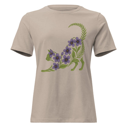 Violet & Fern Stretching Cat Silhouette Botanical T-Shirt - Inken Image