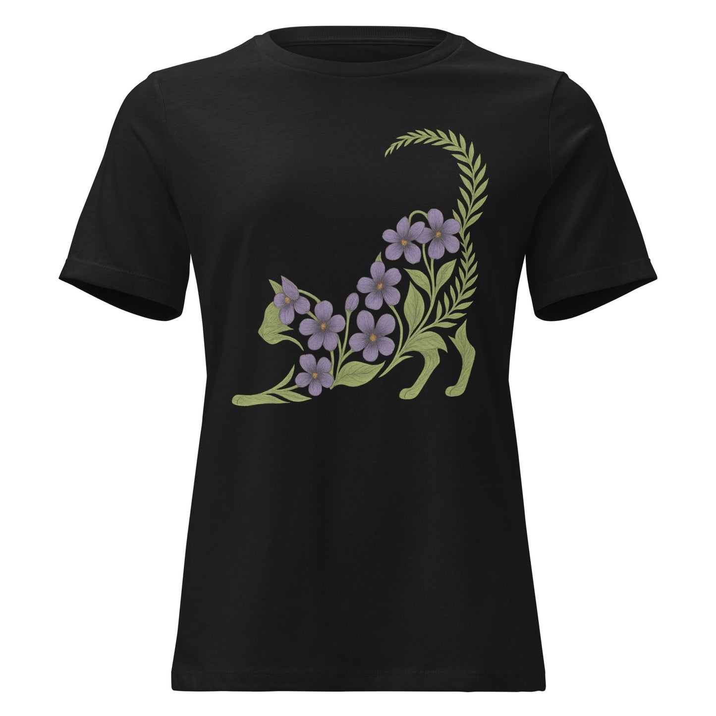 Violet & Fern Stretching Cat Silhouette Botanical T-Shirt - Inken Image