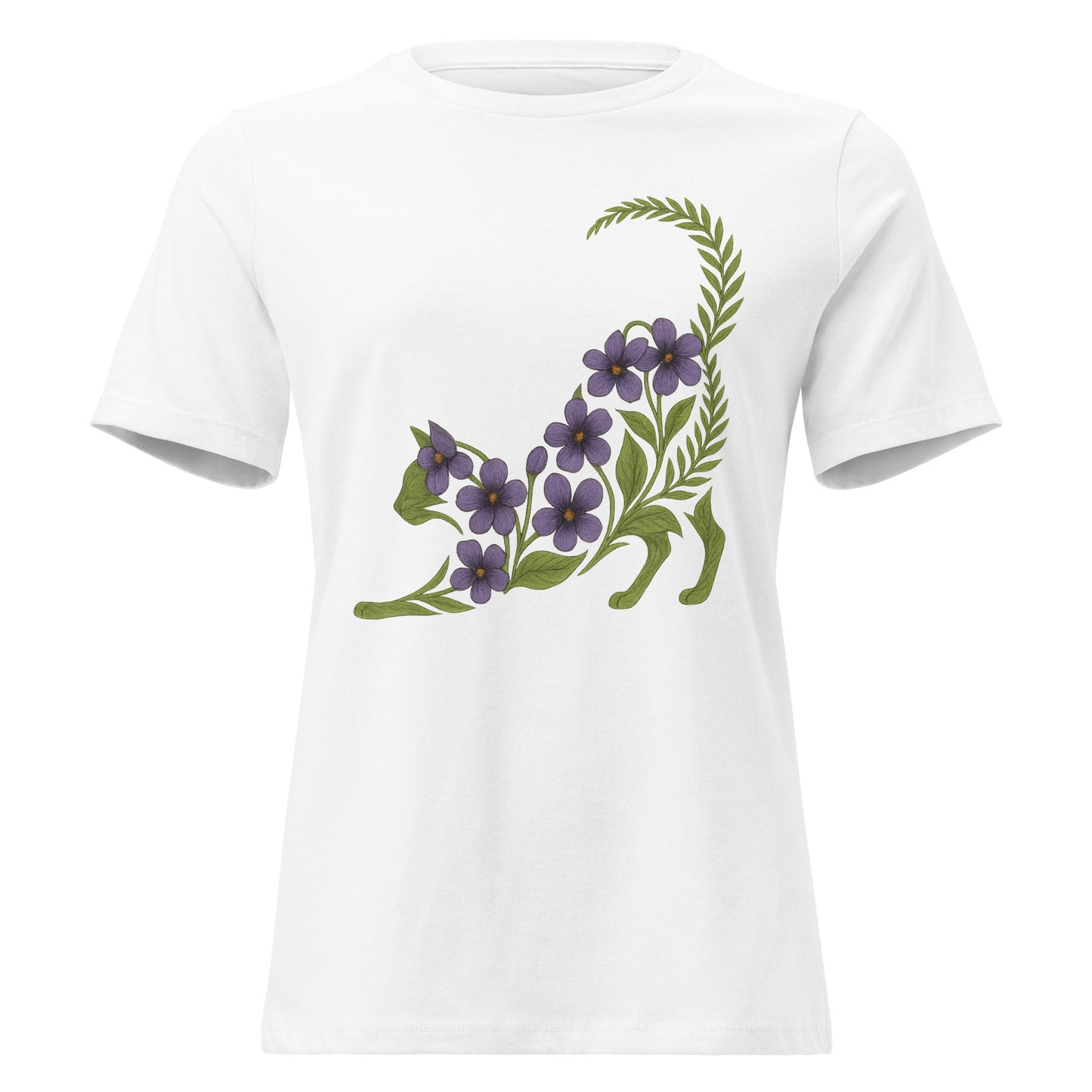 Violet & Fern Stretching Cat Silhouette Botanical T-Shirt - Inken Image
