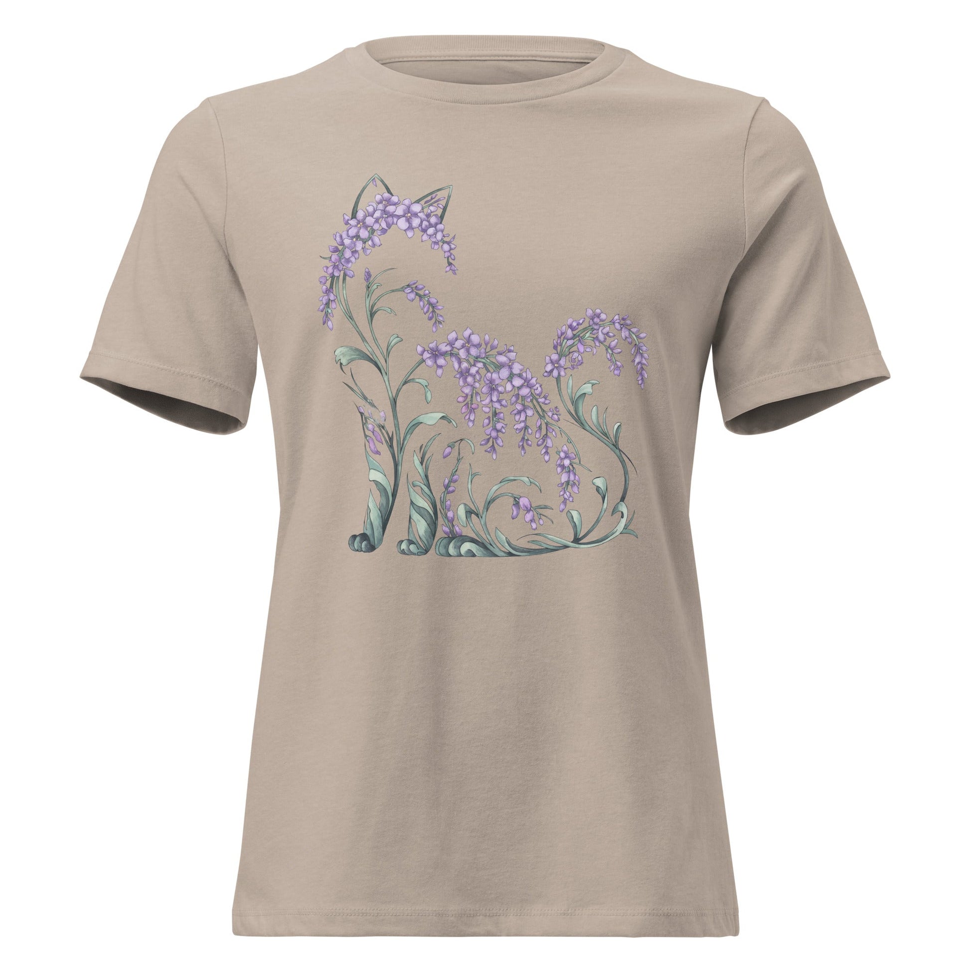 Wisteria Sitting Cat Silhouette Botanical T-Shirt - Inken Image