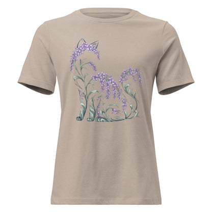 Wisteria Sitting Cat Silhouette Botanical T-Shirt - Inken Image