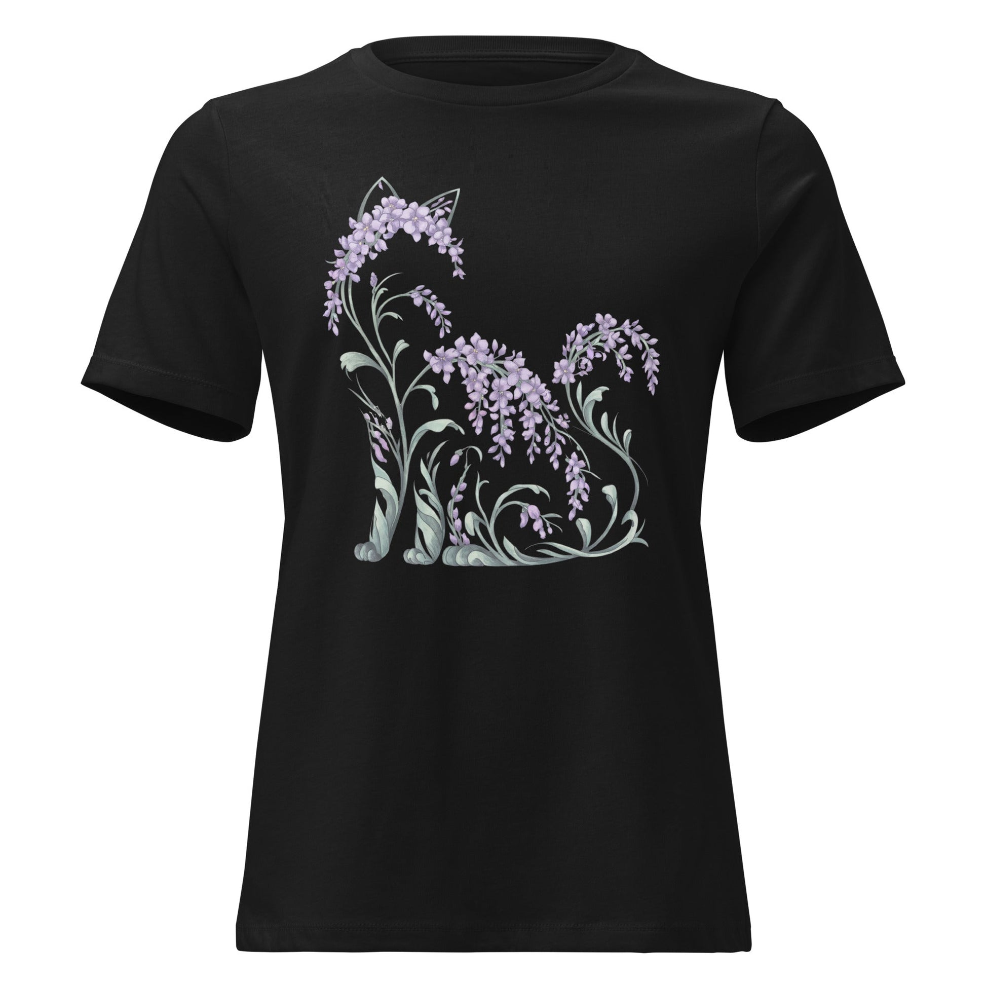 Wisteria Sitting Cat Silhouette Botanical T-Shirt - Inken Image
