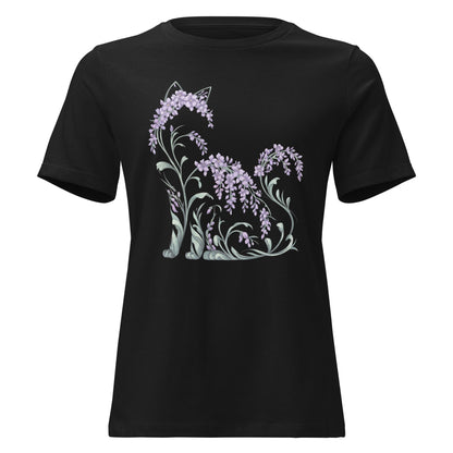 Wisteria Sitting Cat Silhouette Botanical T-Shirt - Inken Image