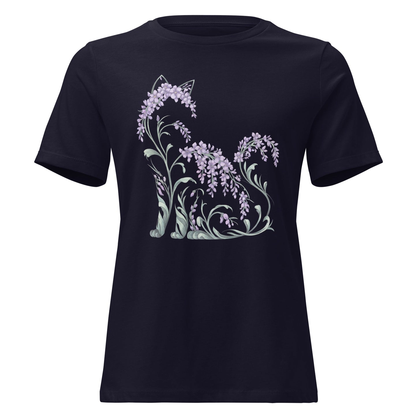 Wisteria Sitting Cat Silhouette Botanical T-Shirt - Inken Image
