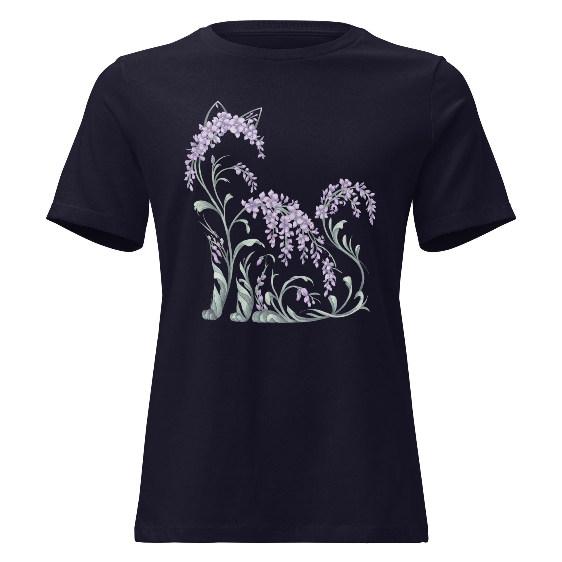 Wisteria Sitting Cat Silhouette Botanical T-Shirt - Inken Image