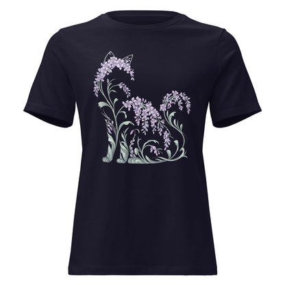 Wisteria Sitting Cat Silhouette Botanical T-Shirt - Inken Image