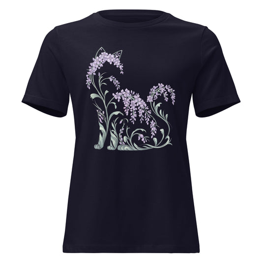 Wisteria Sitting Cat Silhouette Botanical T-Shirt - Inken Image
