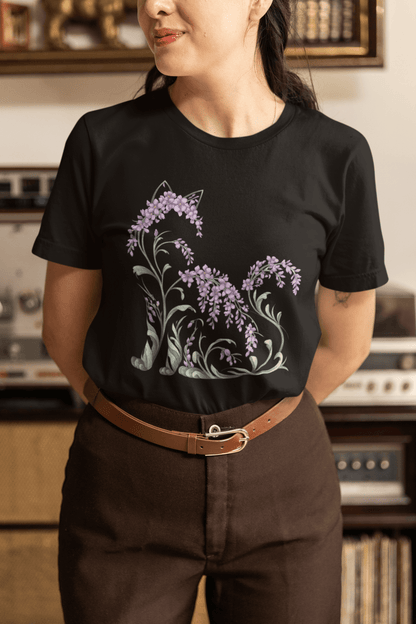 Wisteria Sitting Cat Silhouette Botanical T-Shirt - Inken Image