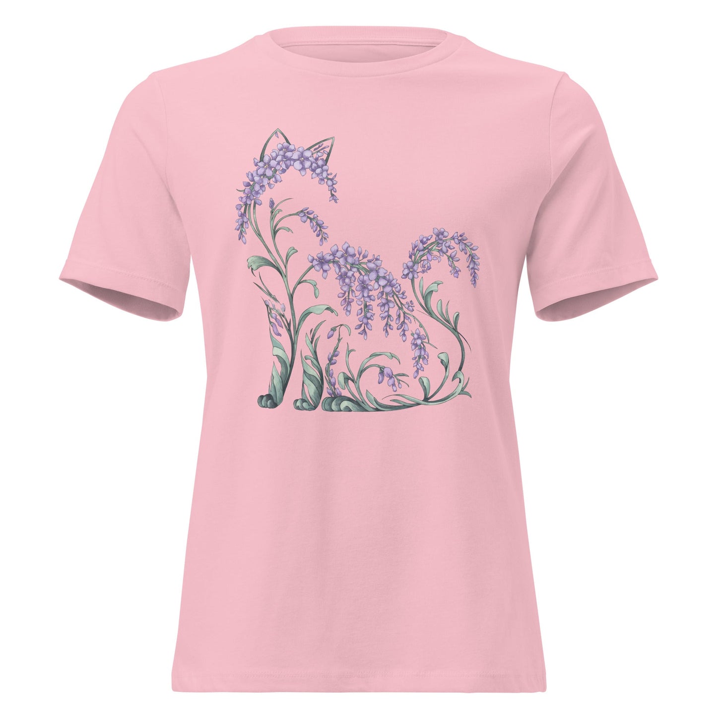 Wisteria Sitting Cat Silhouette Botanical T-Shirt - Inken Image