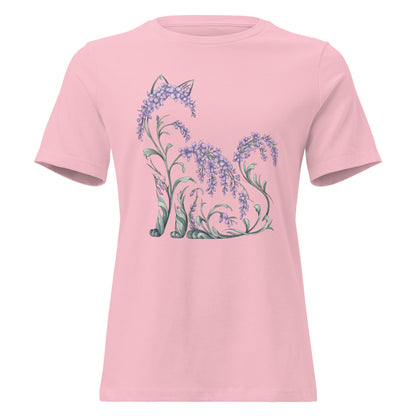 Wisteria Sitting Cat Silhouette Botanical T-Shirt - Inken Image