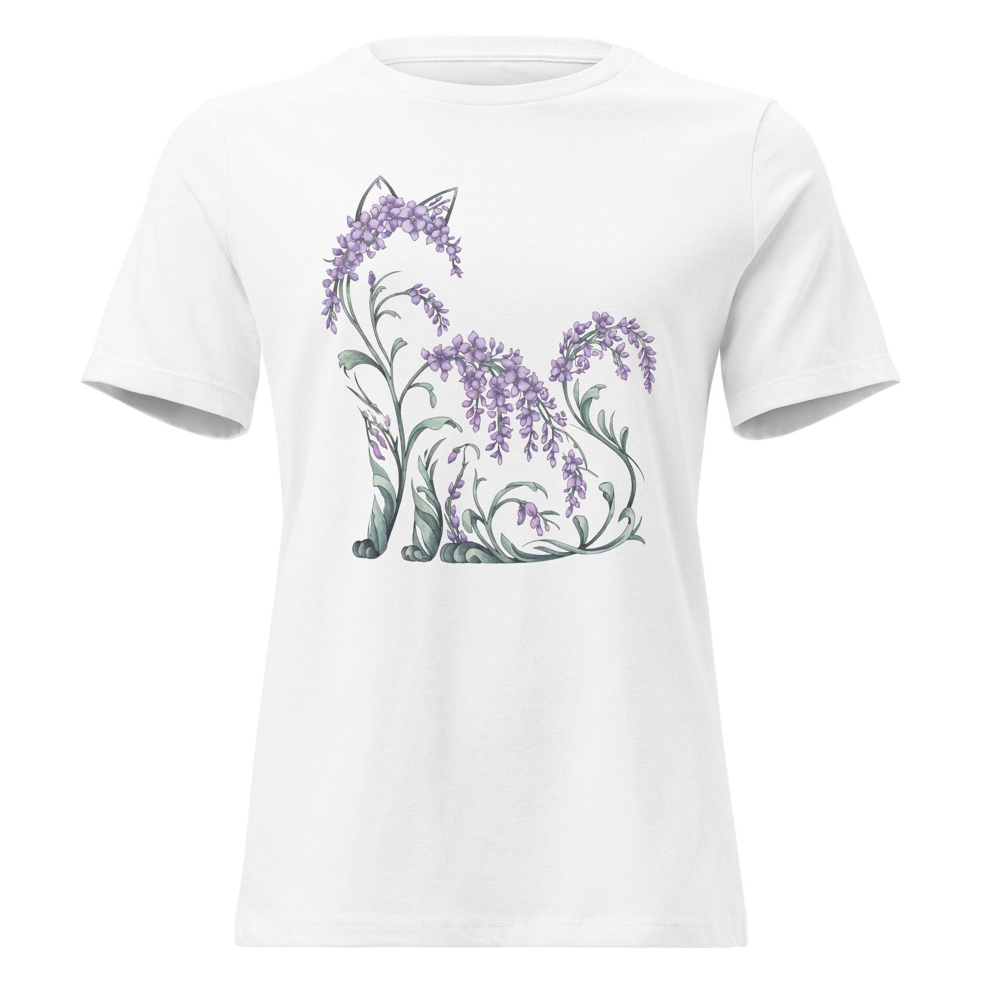 Wisteria Sitting Cat Silhouette Botanical T-Shirt - Inken Image