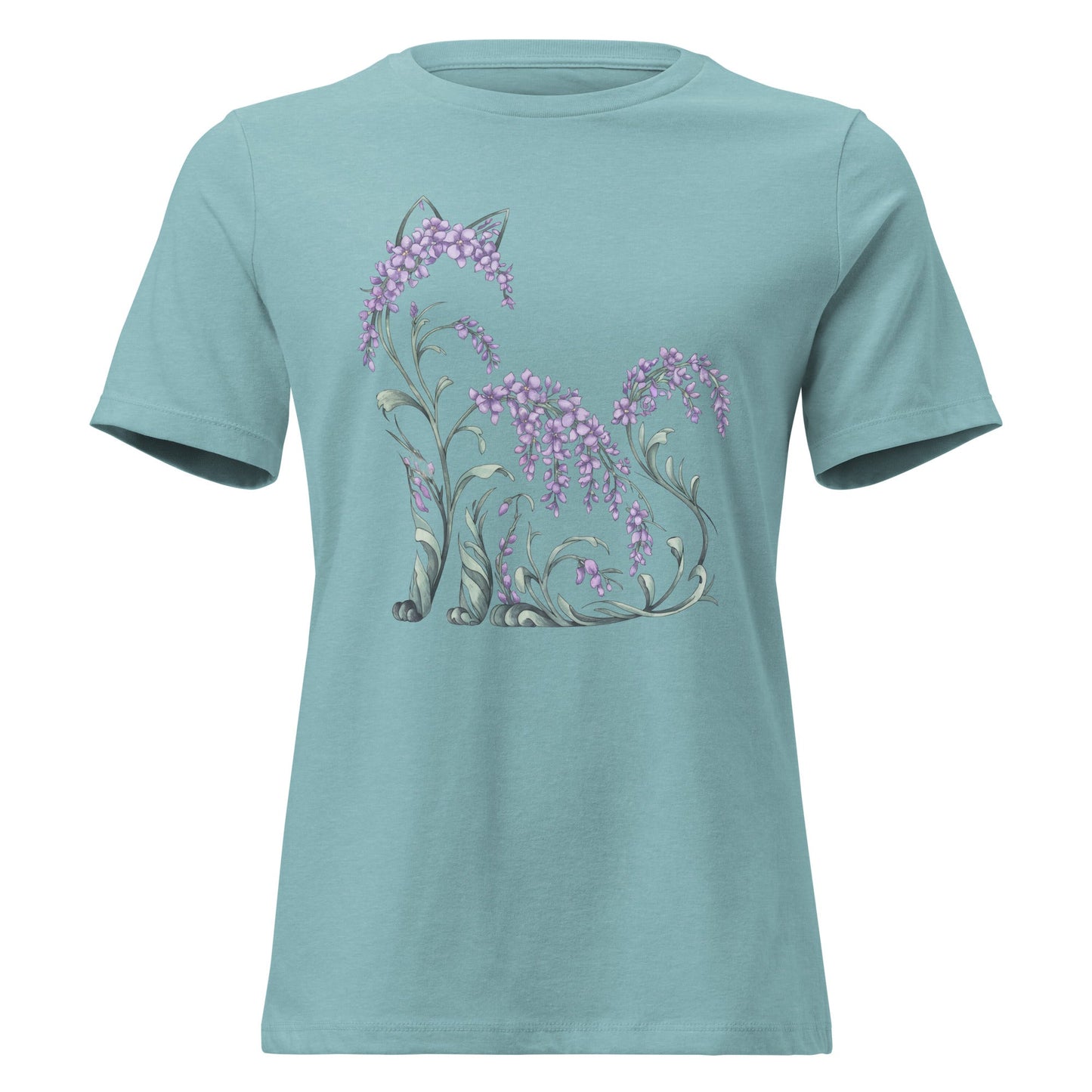 Wisteria Sitting Cat Silhouette Botanical T-Shirt - Inken Image