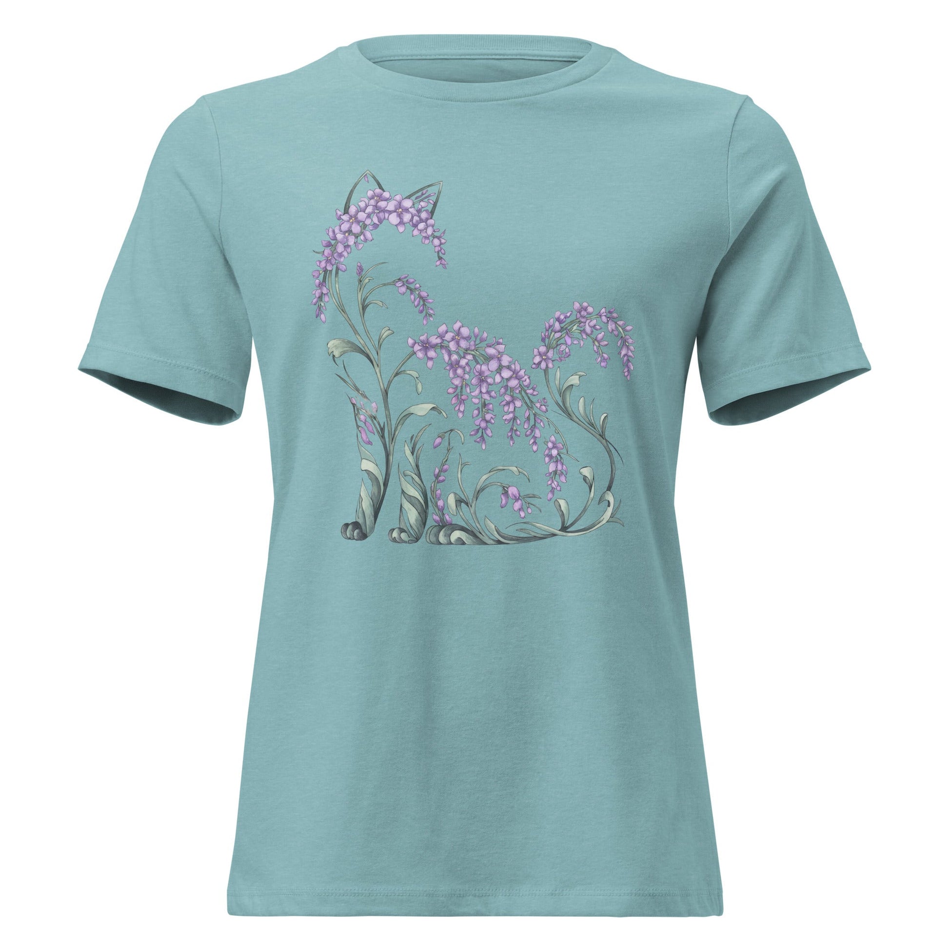 Wisteria Sitting Cat Silhouette Botanical T-Shirt - Inken Image
