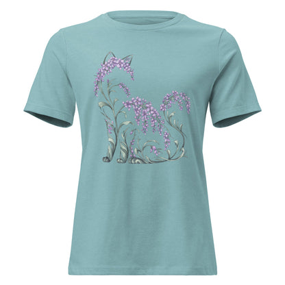 Wisteria Sitting Cat Silhouette Botanical T-Shirt - Inken Image