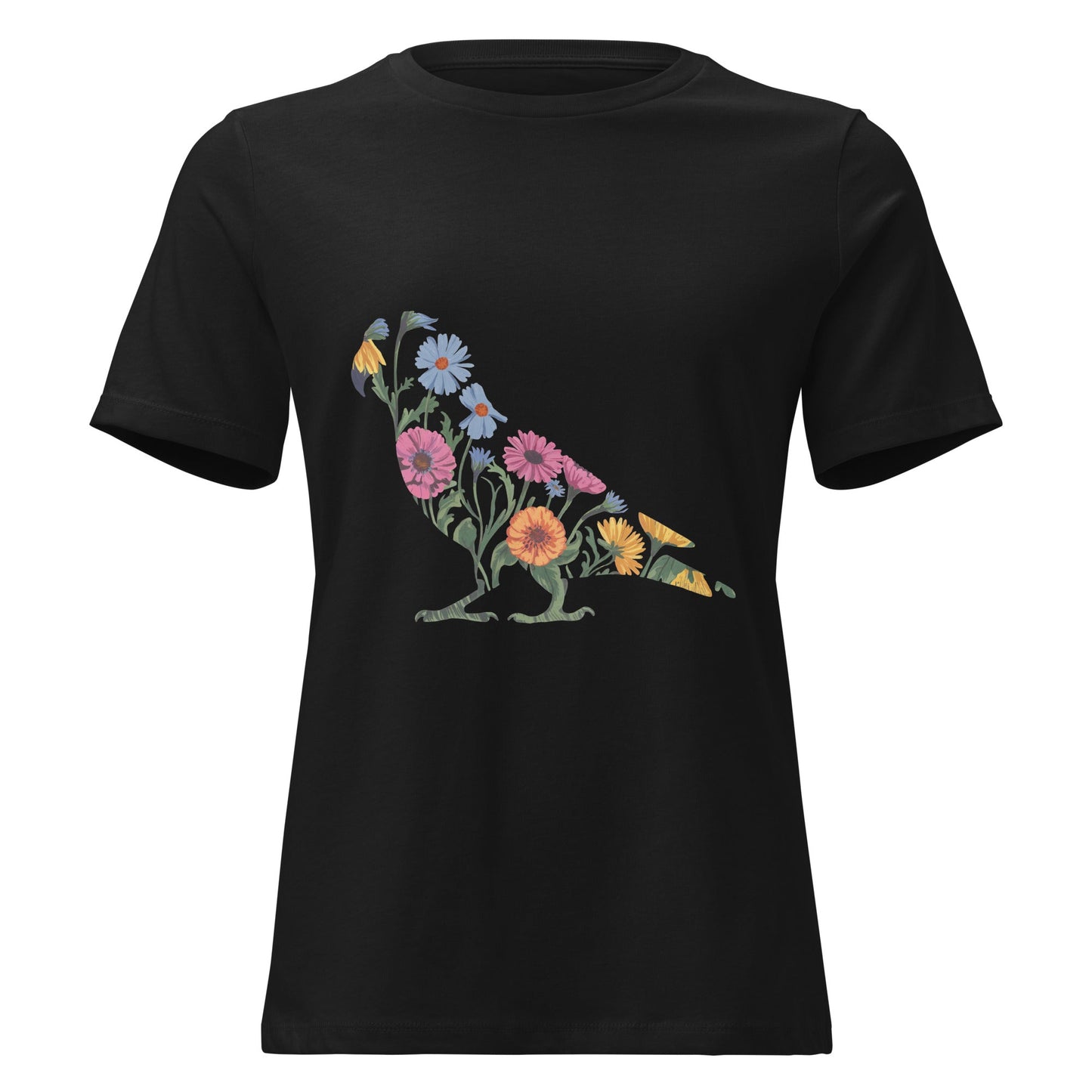Zinnias & Cornflower Walking Conure Floral Silhouette T-Shirt - Inken Image