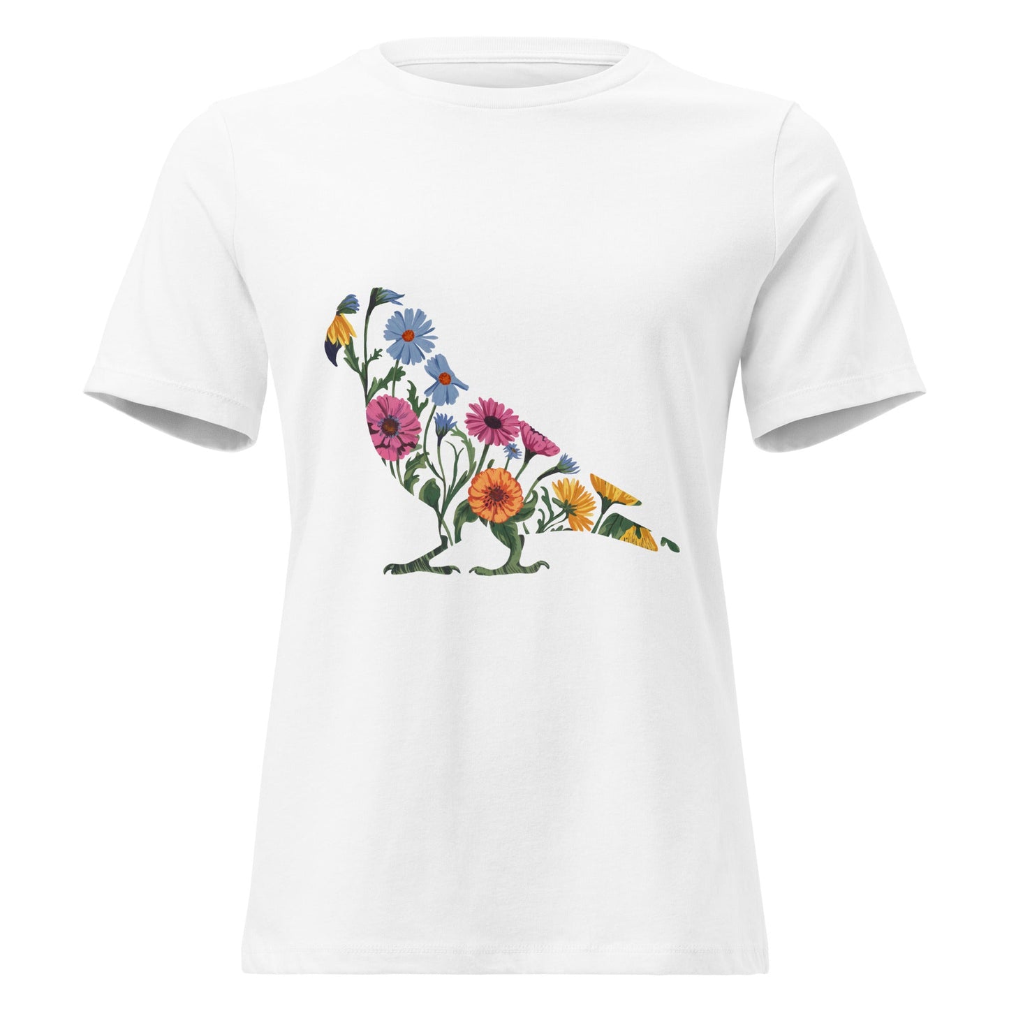 Zinnias & Cornflower Walking Conure Floral Silhouette T-Shirt - Inken Image