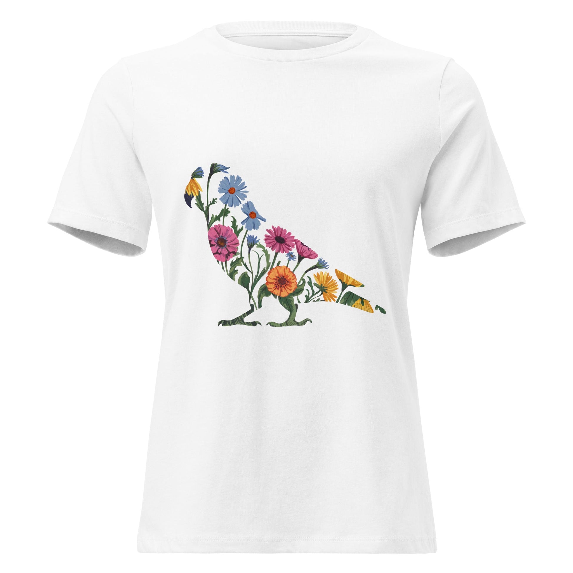 Zinnias & Cornflower Walking Conure Floral Silhouette T-Shirt - Inken Image