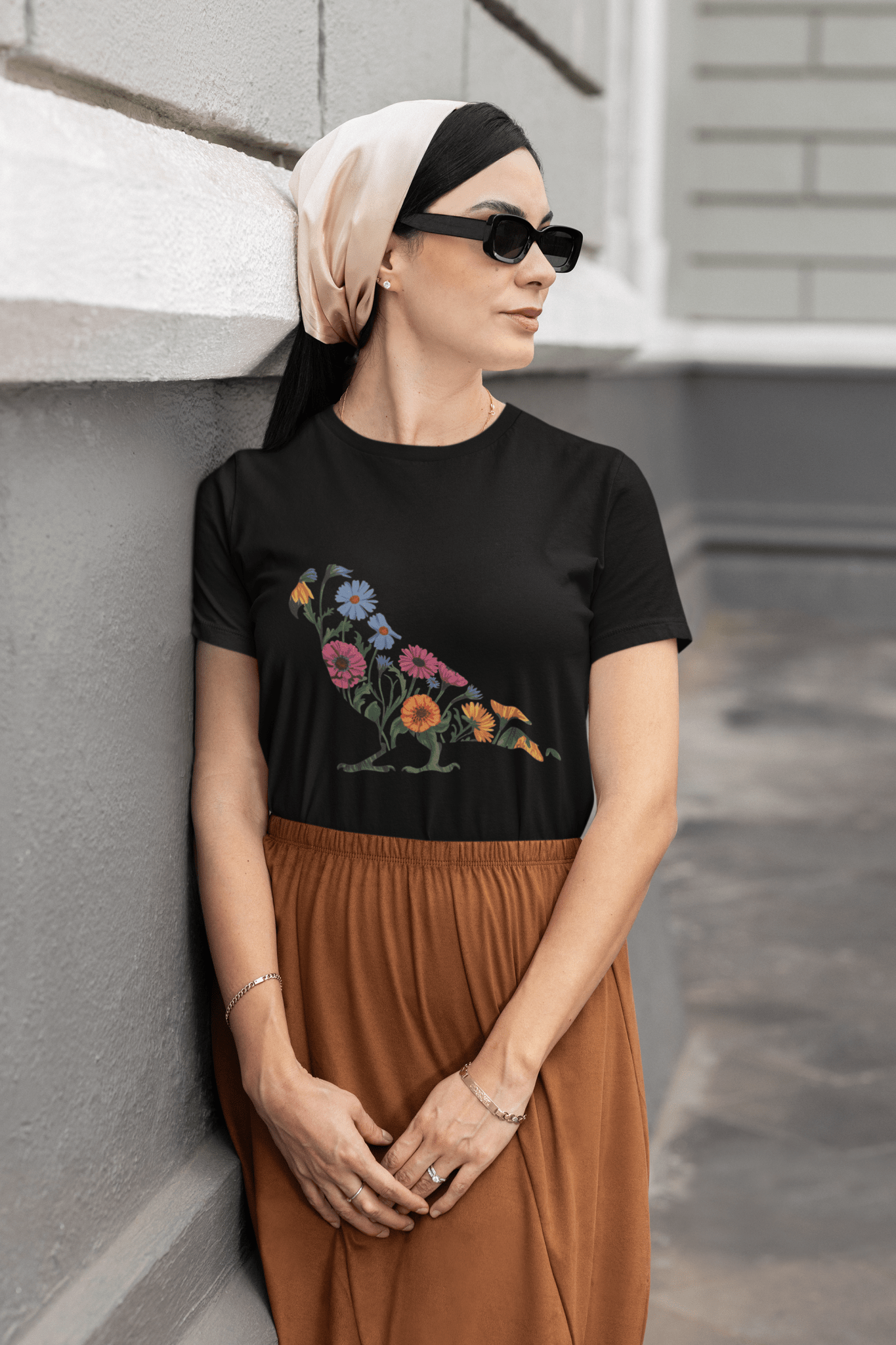 Zinnias & Cornflower Walking Conure Floral Silhouette T-Shirt - Inken Image