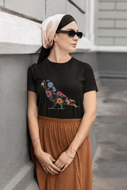 Zinnias & Cornflower Walking Conure Floral Silhouette T-Shirt - Inken Image